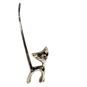 Vintage 1950s Chrome Long Tailed Cat Figurine Ring Holder With Jeweled Eyes